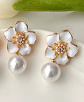 White floral pearl drop earrings - AR-146