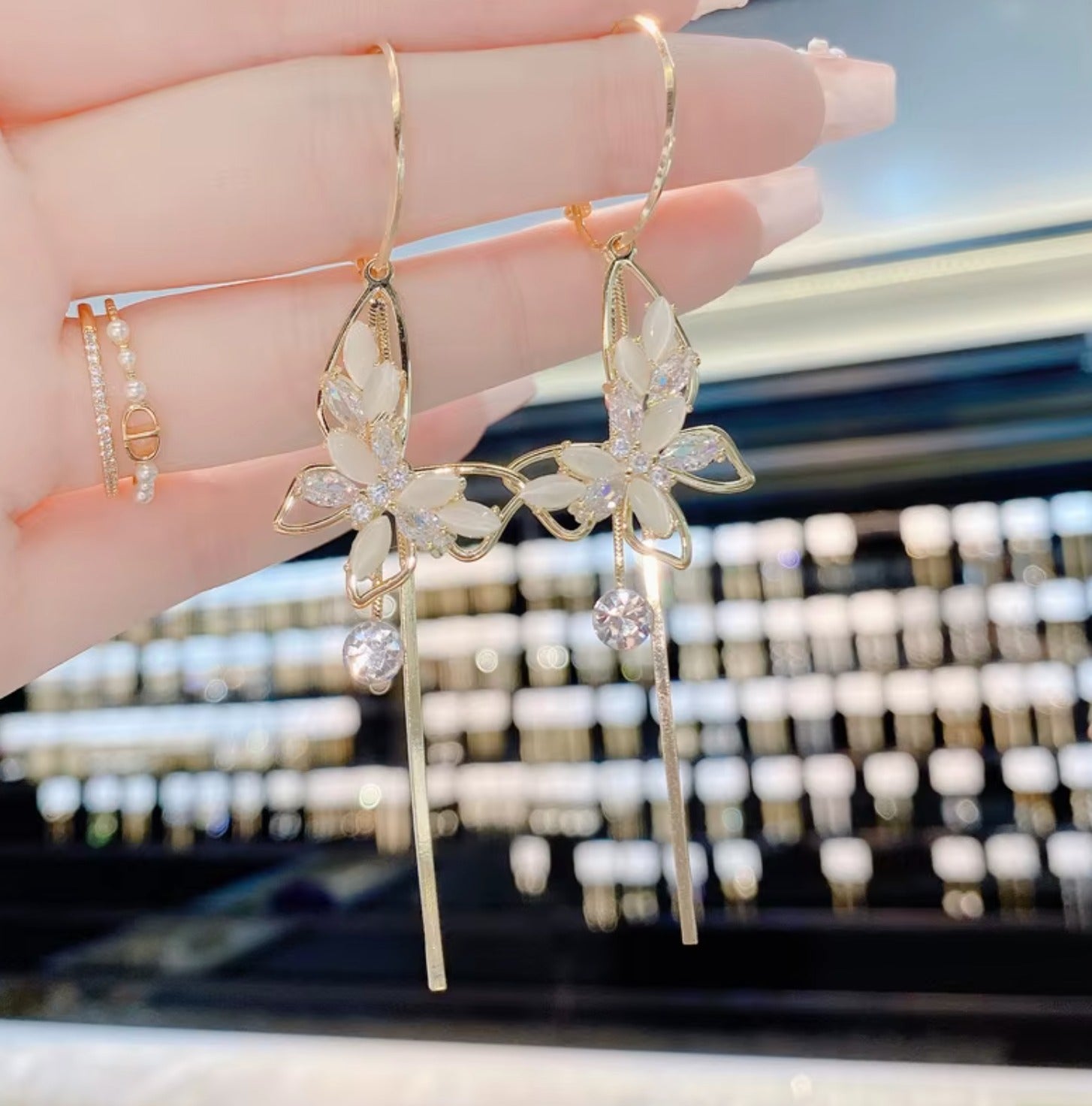 Gold floral crystal long drop earrings - AR-153
