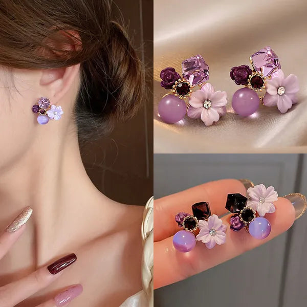 Purple Crystal Flower Stud Earrings For Woman - AR-07