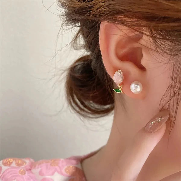 Luxury Pink Tulip Flower Pearl Stud Earrings - AR-09