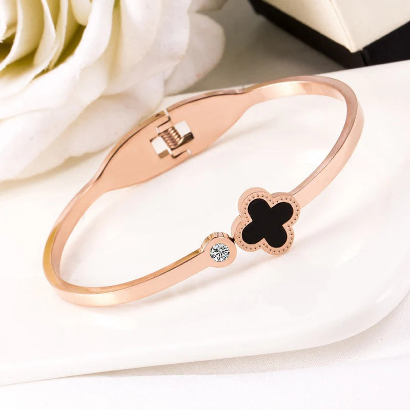 Four-Leaf Clover Crystal Gold-Plated Cuff Bracelet - BR-01