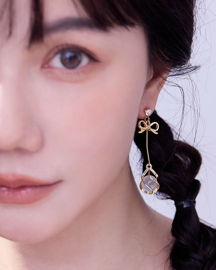 Gold bow tulip drop earrings - AR-141