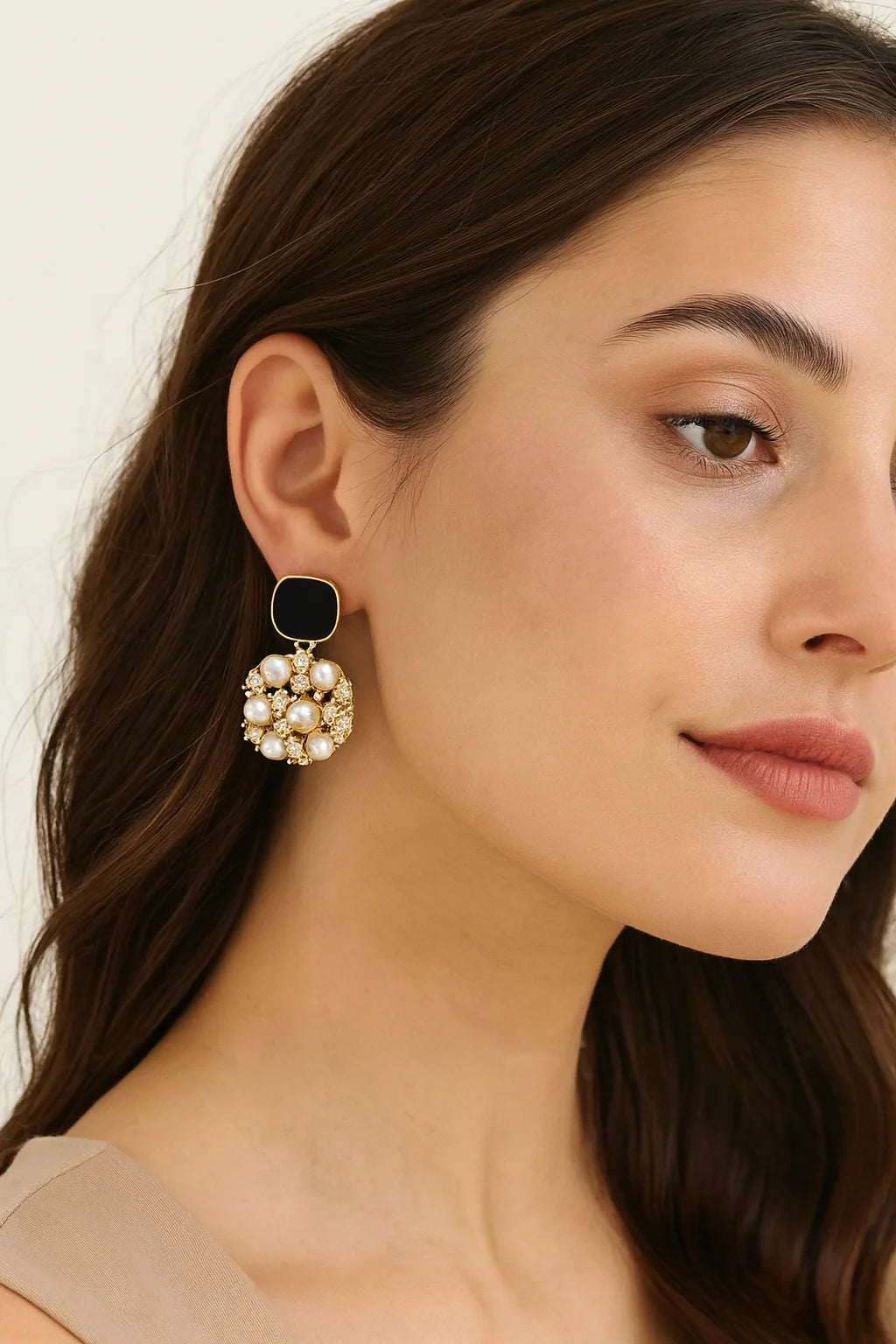 Gold-Plated Black Enamel and Pearl Cluster Earrings - AR-118