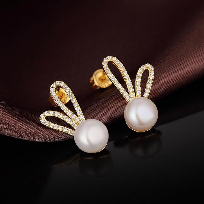 Crystal Bunny Ear Pearl Stud Earrings - AR - 172