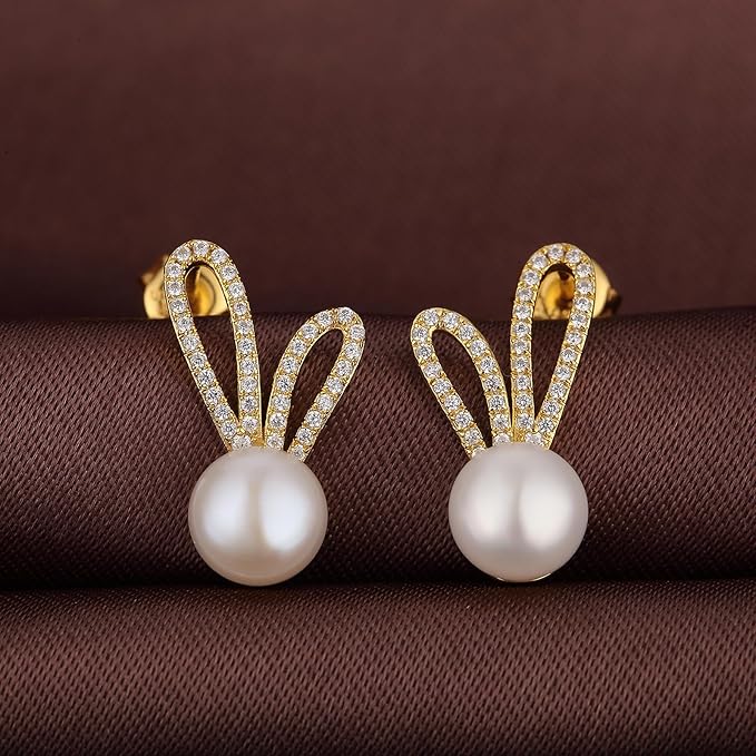 Crystal Bunny Ear Pearl Stud Earrings - AR - 172