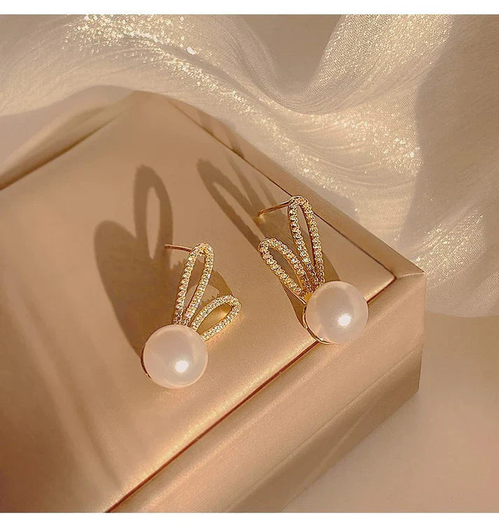 Crystal Bunny Ear Pearl Stud Earrings - AR - 172