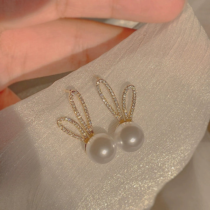 Crystal Bunny Ear Pearl Stud Earrings - AR - 172