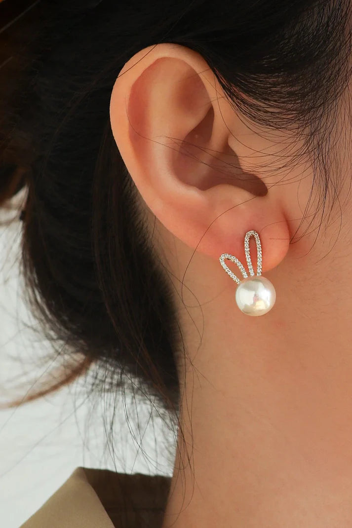 Crystal Bunny Ear Pearl Stud Earrings - AR - 172