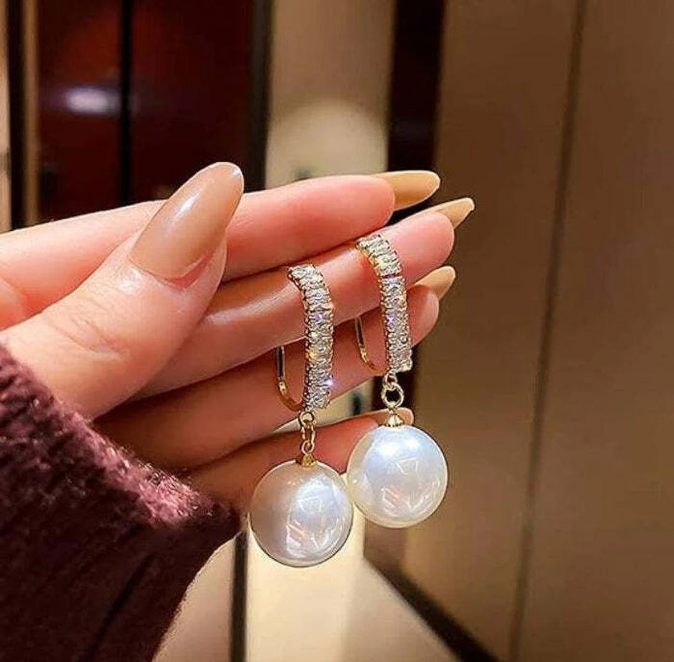 Crystal bar pearl drop earrings - AR-165