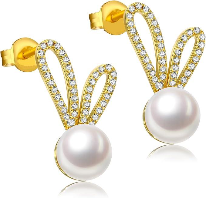 Crystal Bunny Ear Pearl Stud Earrings - AR - 172