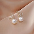 Crystal Bunny Ear Pearl Stud Earrings - AR - 172