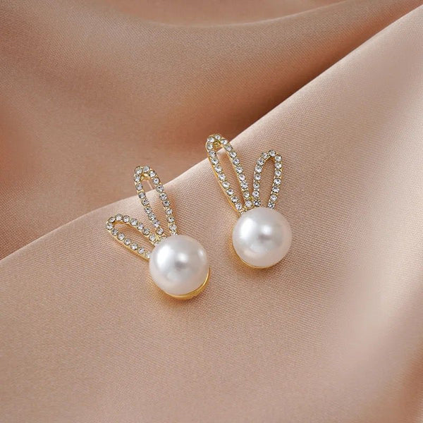 Crystal Bunny Ear Pearl Stud Earrings - AR - 172