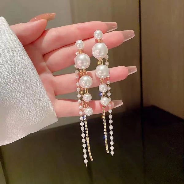 Long Pearl Drop Dangle Earrings - AR-45