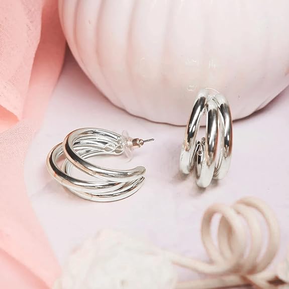 Silver Triple Hoop Earrings - AR-13