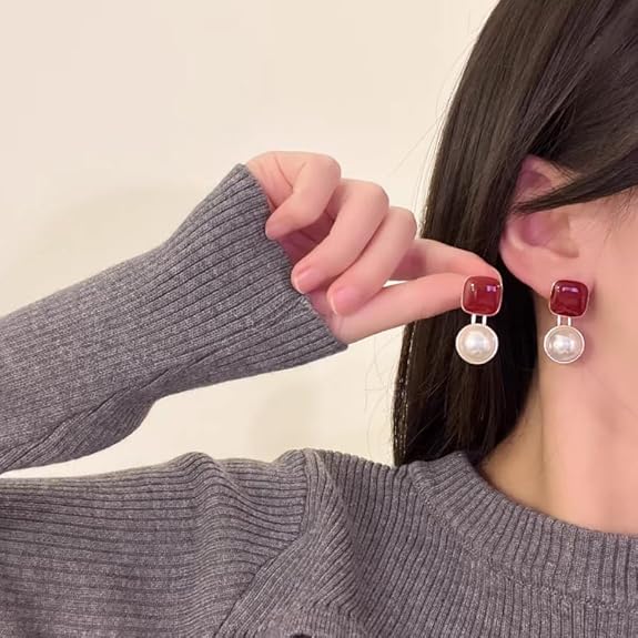Red Square Pearl Earrings - AR-102