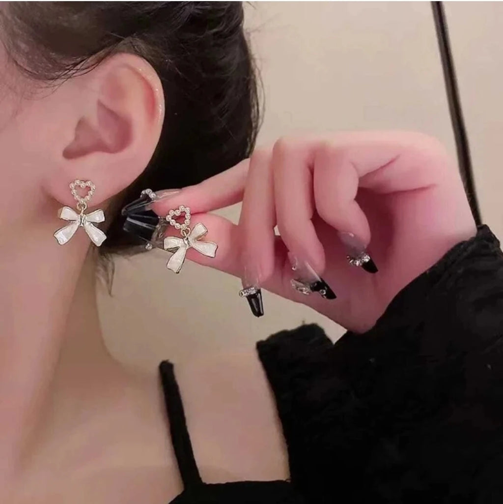 Pearl Heart Bow Drop Earrings - AR - 181