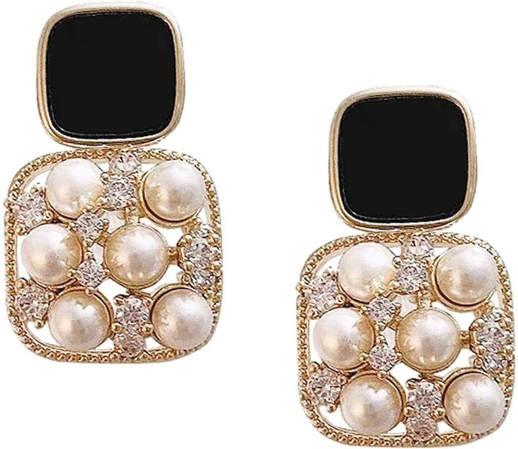 Gold-Plated Black Enamel and Pearl Cluster Earrings - AR-118