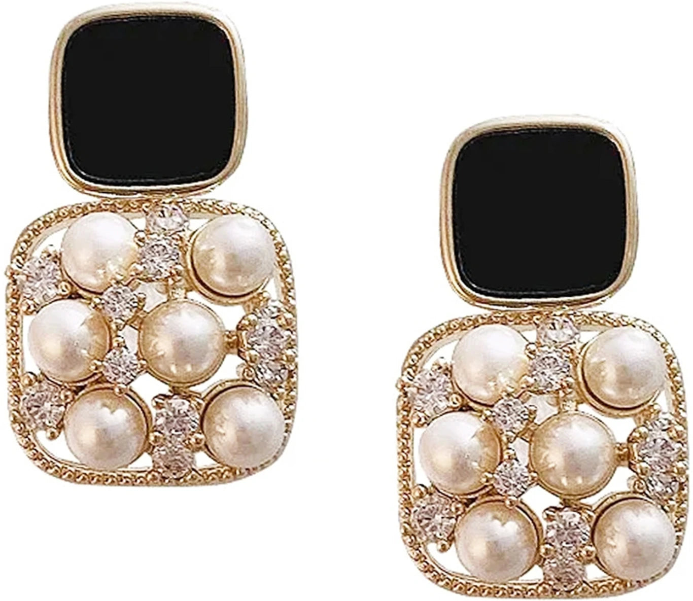 Gold-Plated Black Enamel and Pearl Cluster Earrings - AR-118