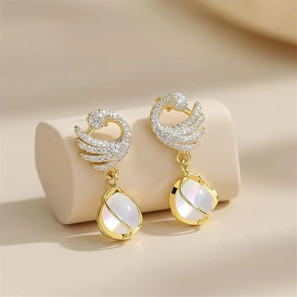 Crystal Swan Dangle Earrings - AR-114