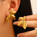 Gold Leaf Petal Stud Earrings - AR - 192