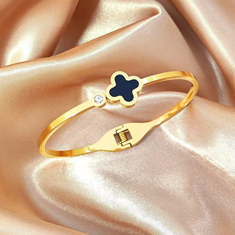 Four-Leaf Clover Crystal Gold-Plated Cuff Bracelet - BR-01