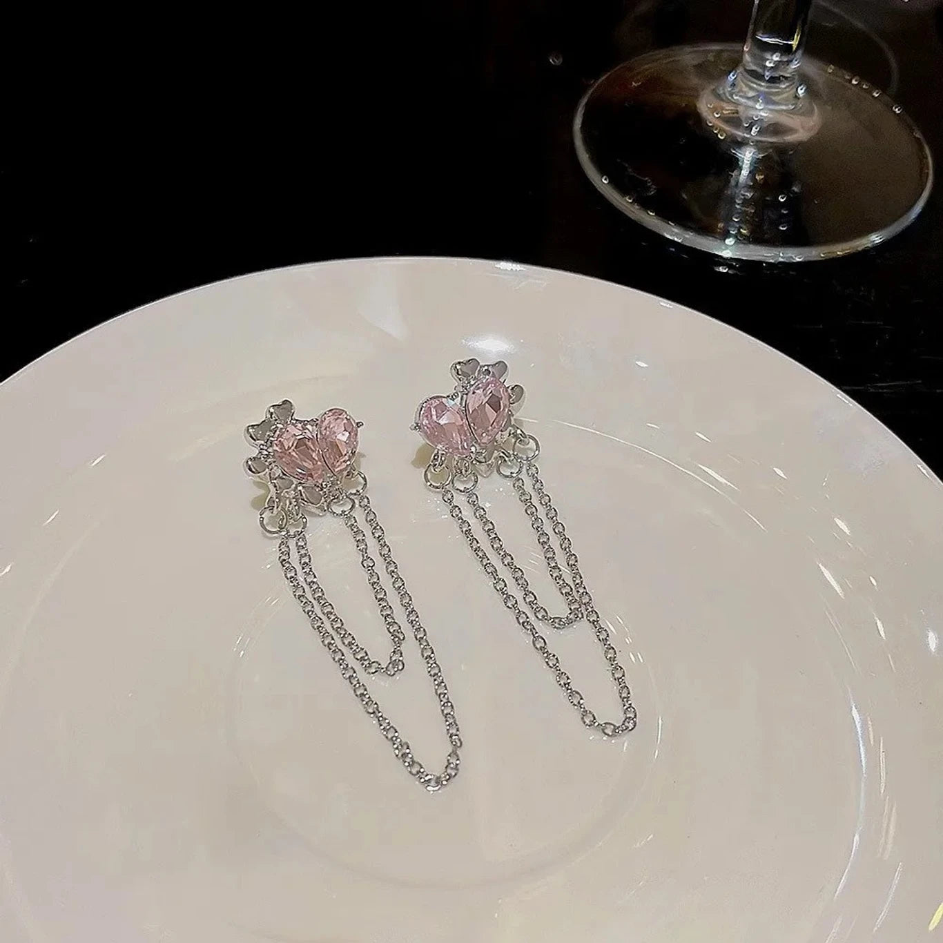 Pink Crystal Flower Chain Drop Earrings - AR - 177