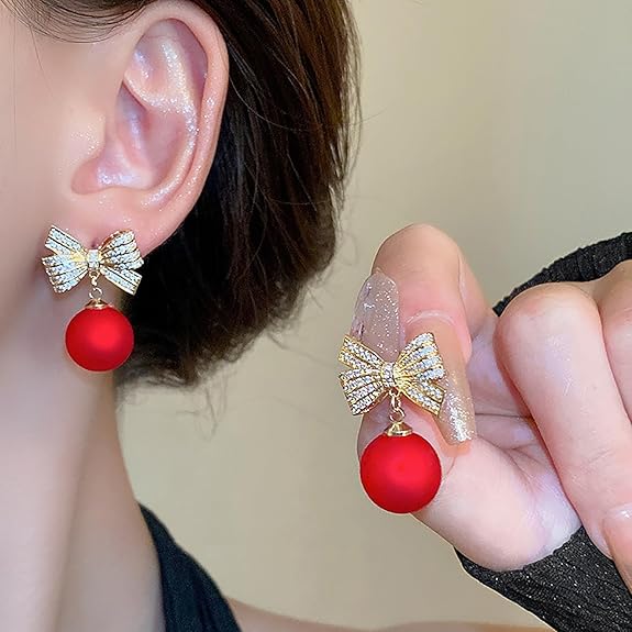 Red Pearl Crystal Bow Drop Earrings - AR - 174