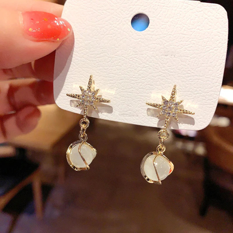 Crystal Star Pearl Drop Earrings - AR - 199