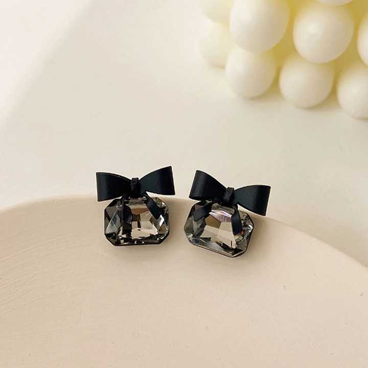 Korean Black Ribbon Bow Earrings - AR-96