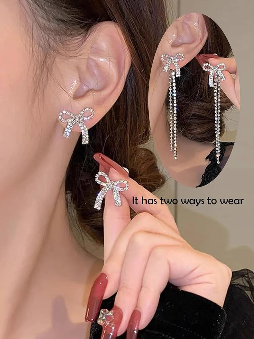 Korean Bow Chain Drop Earrings - AR-90