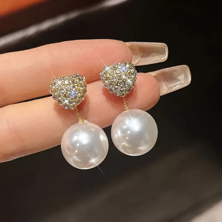 Crystal Heart Pearl Drop Earrings - AR-137