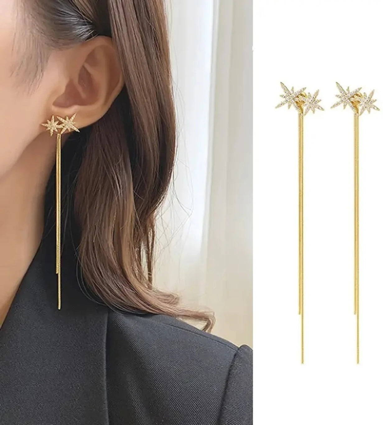 Crystal Star Tassel Drop Earrings - AR - 178