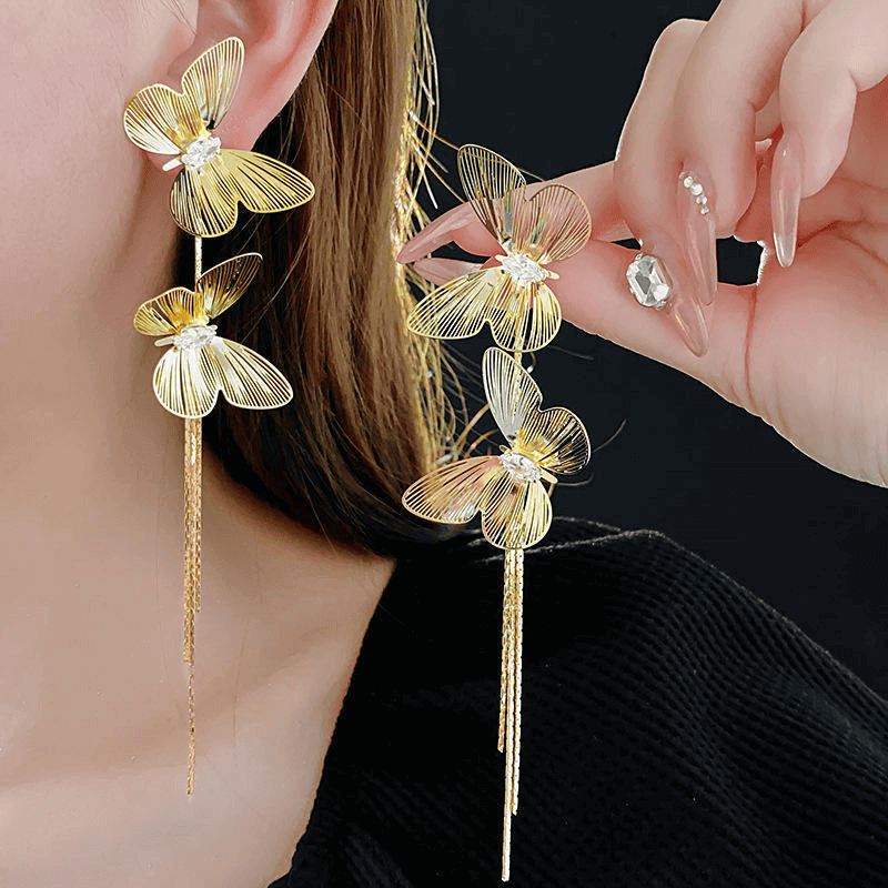 Gold butterfly tassel statement earrings - AR-156