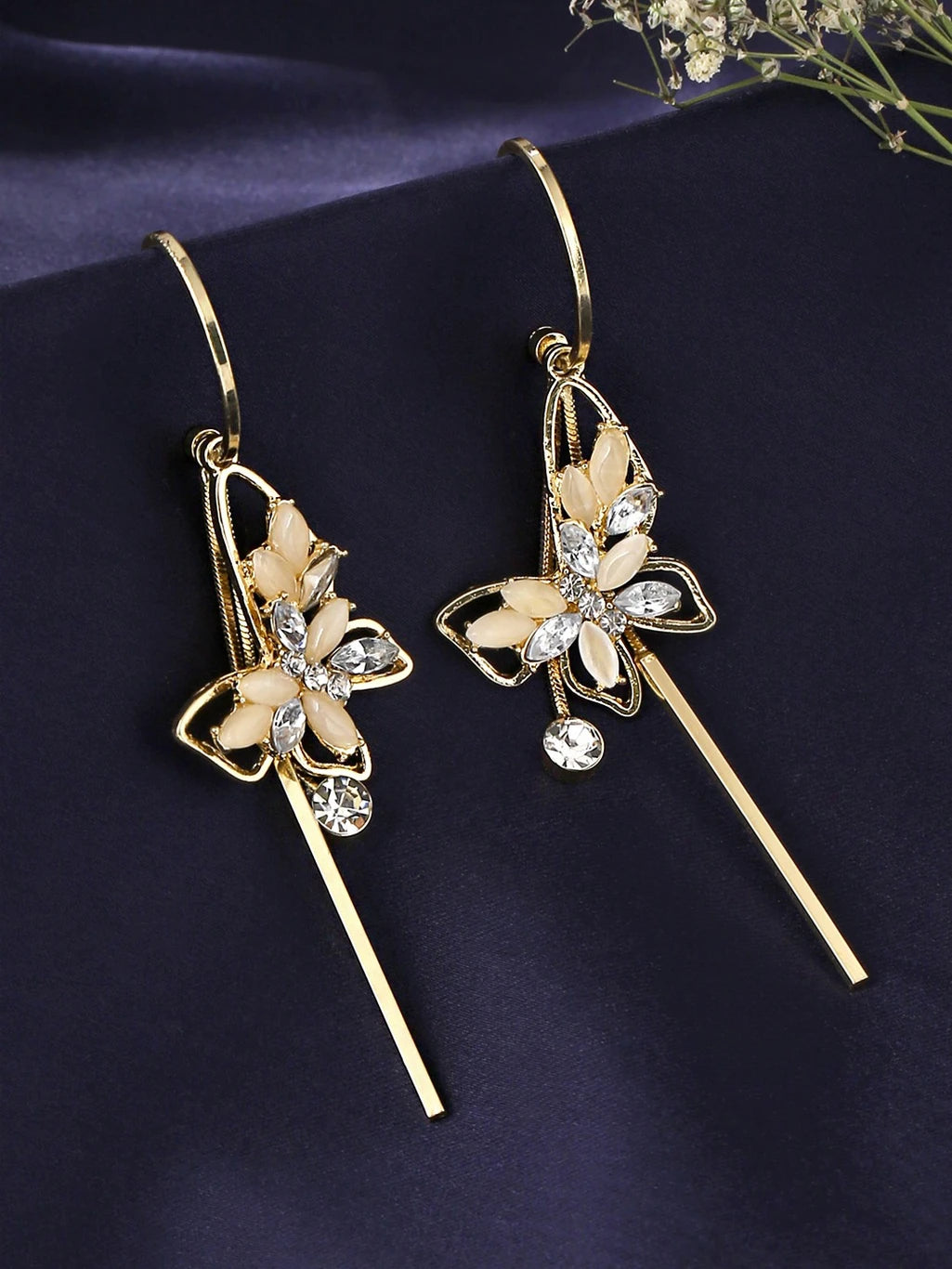 Gold floral crystal long drop earrings - AR-153
