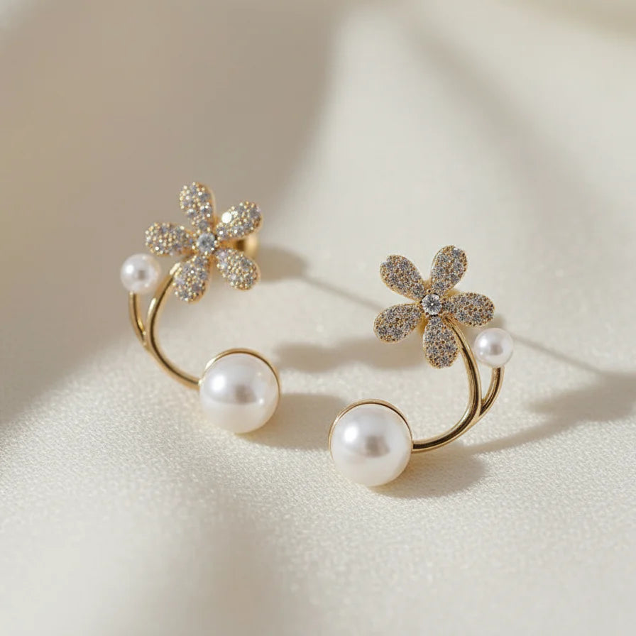 Intricate Flower Pearl Earrings - AR-99