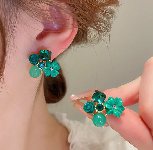 Turquoise Flower Crystal Stud Earrings - AR - 188 - 189 - 190 - 191