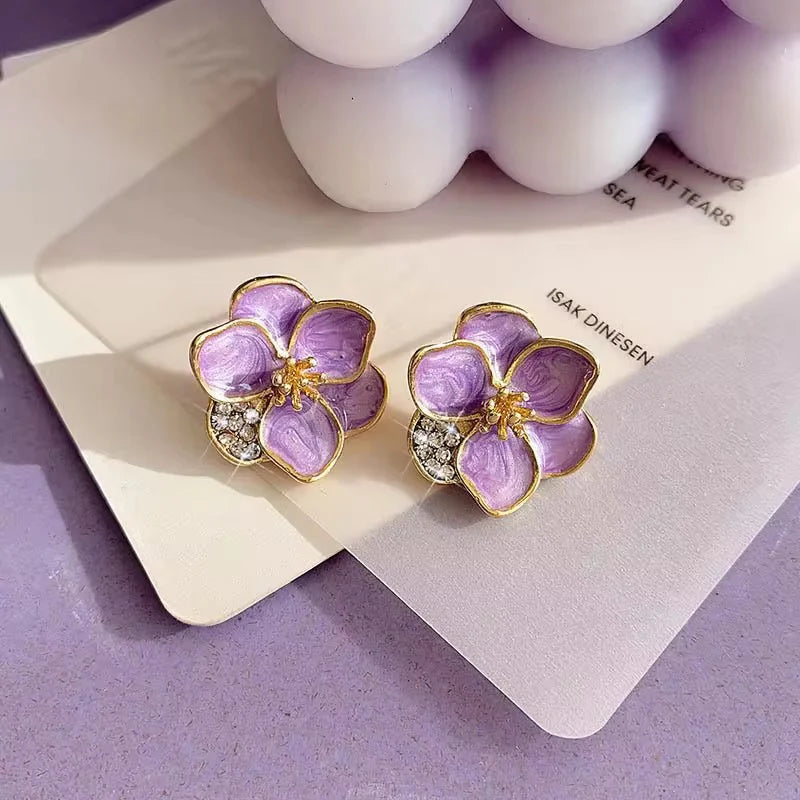 Lavender Flower Crystal Stud Earrings - AR - 173