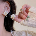 White Flower Pearl Drop Stud Earrings - AR - 180