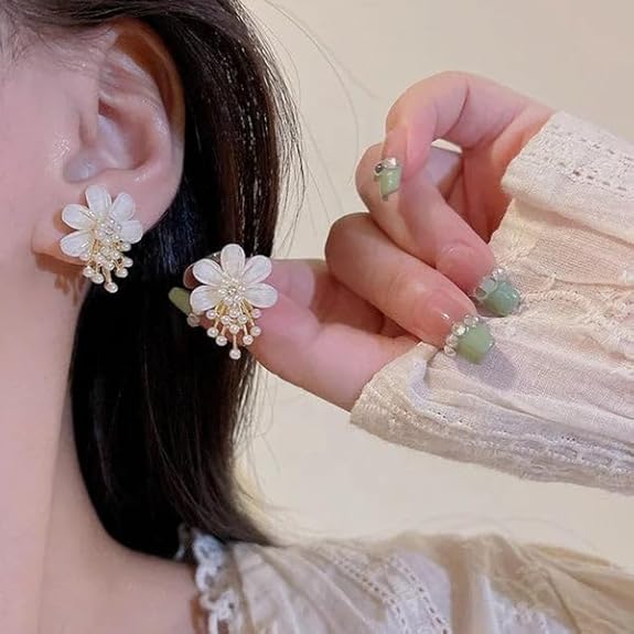 White Flower Pearl Drop Stud Earrings - AR - 180