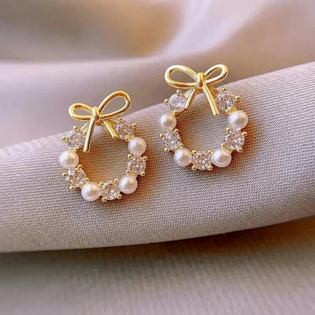 Bow pearl wreath earrings - AR-158