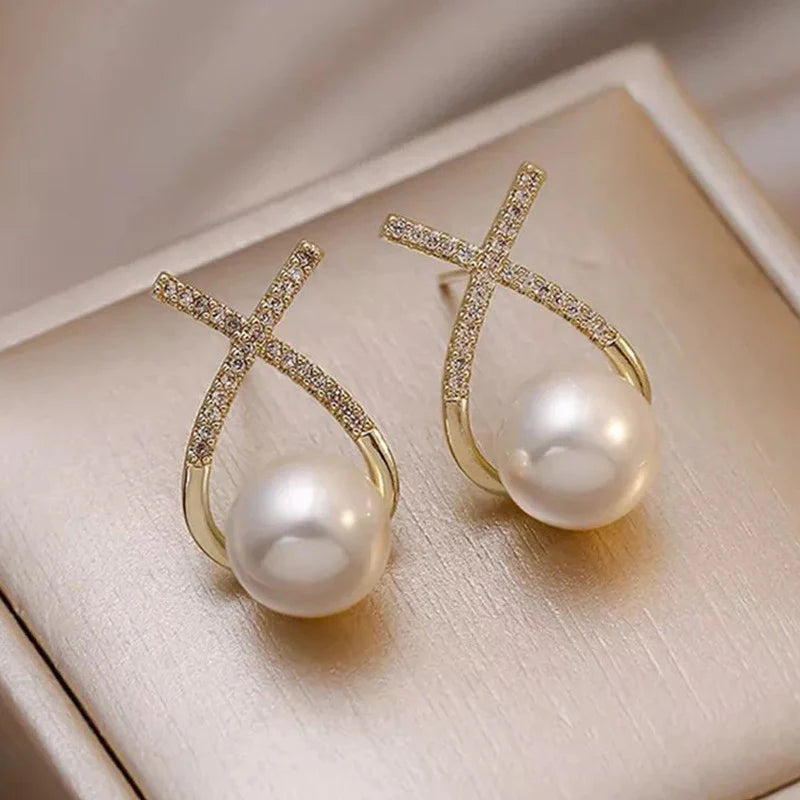 Korean Diamond Cross Pearl Earrings - AR-110