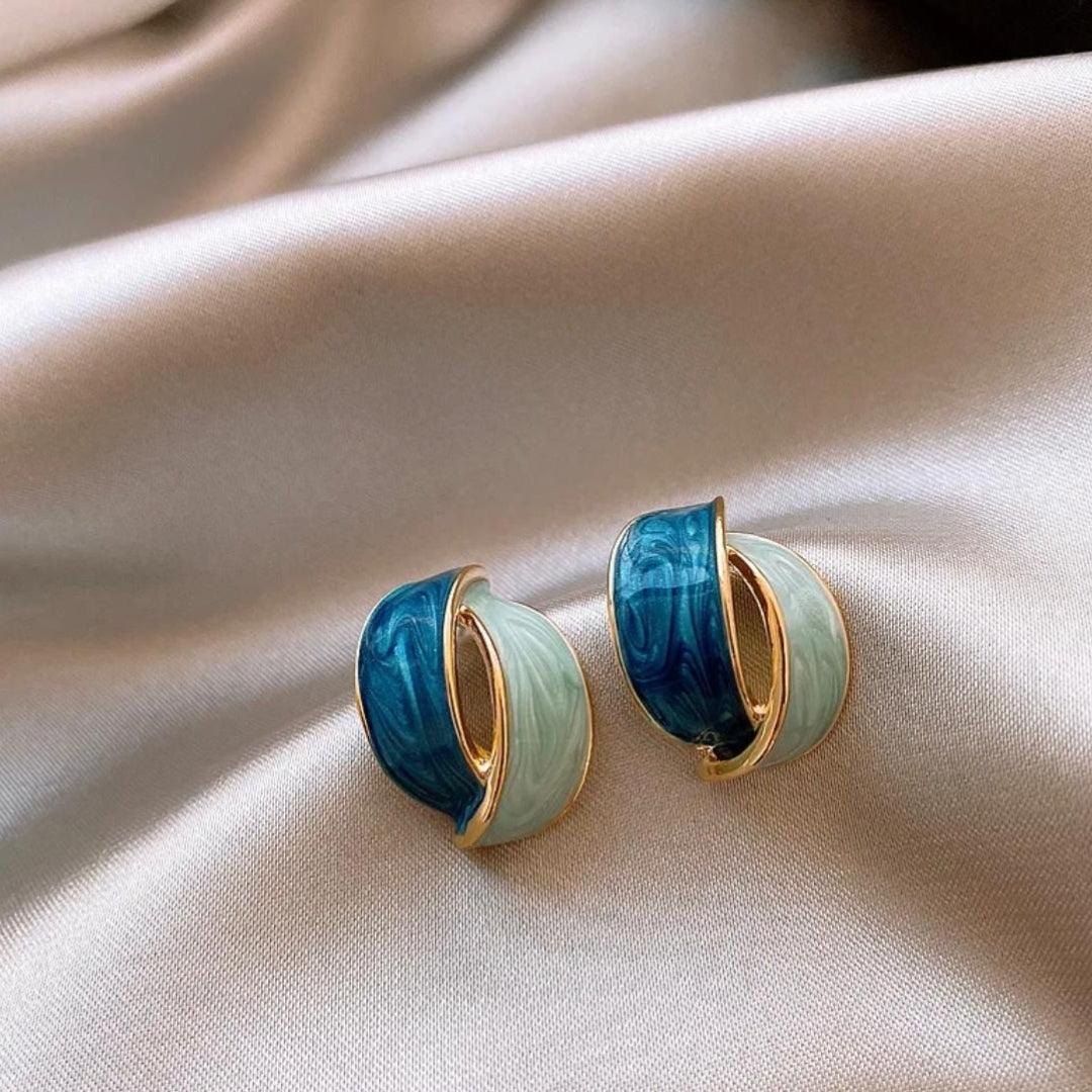 Dual Tone Blue Enamel Hoop Earrings - AR - 187