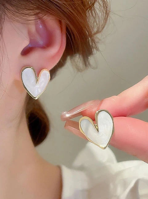 White Heart Shaped Stud Earrings - AR-26