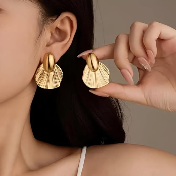 Gold Shell Fan Statement Earrings - AR - 184 - 185