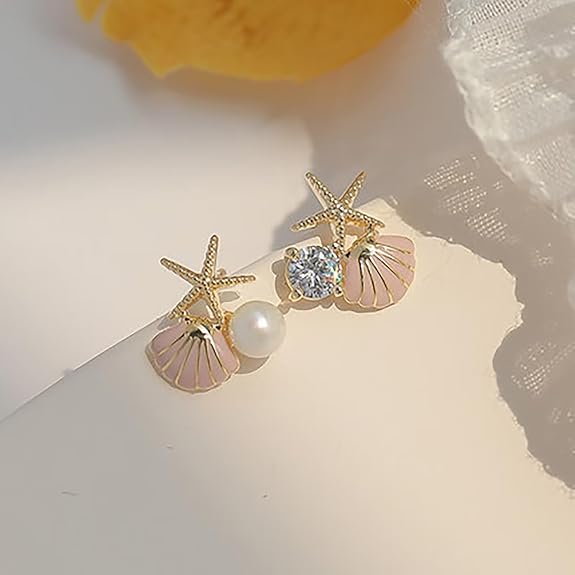Starfish Pearl Seashell Ocean Drop Earrings - AR - 194