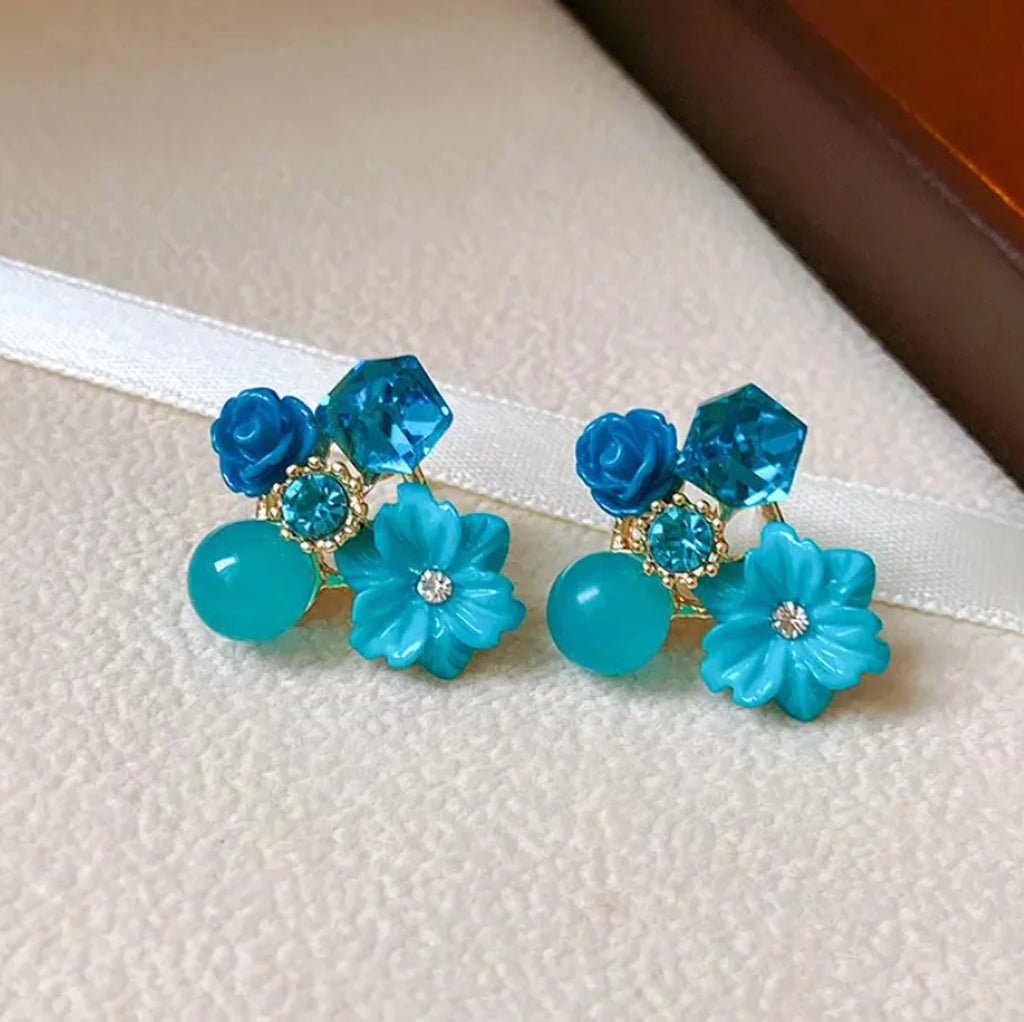 Turquoise Flower Crystal Stud Earrings - AR - 188 - 189 - 190 - 191