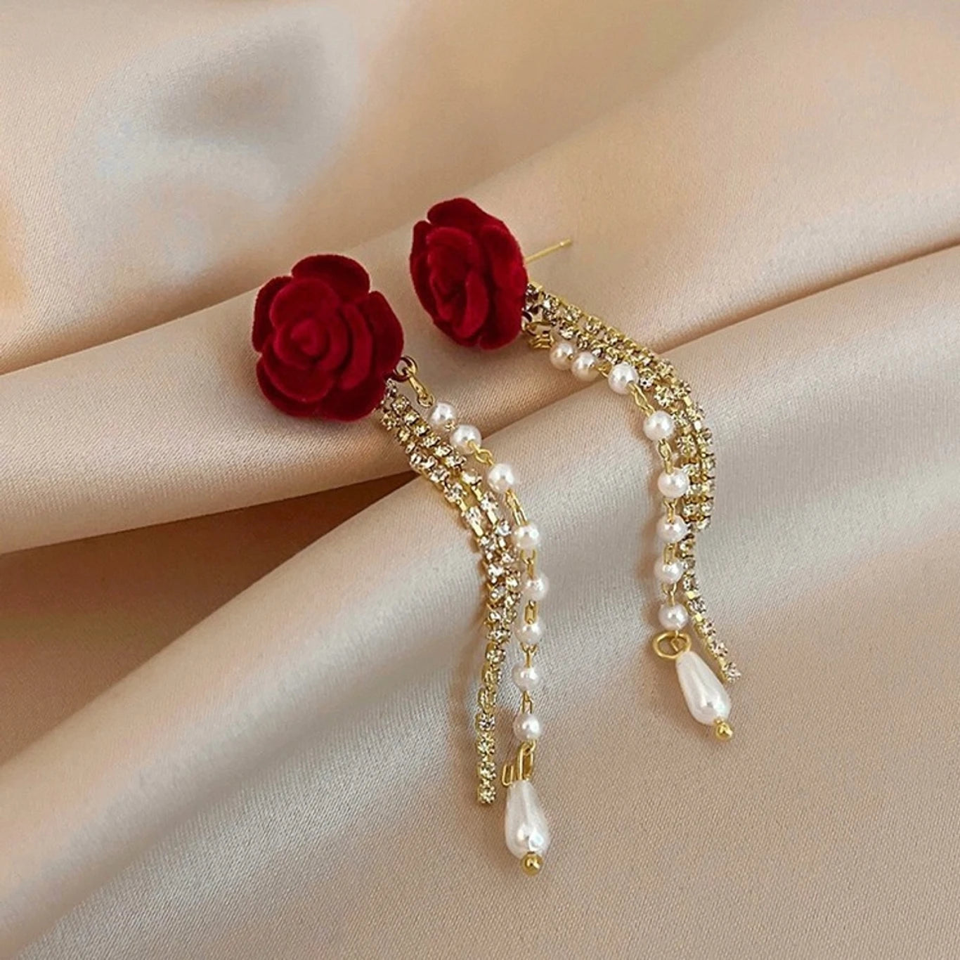 Elegant Red Rose Pearl Tassel Drop Earrings - AR - 170