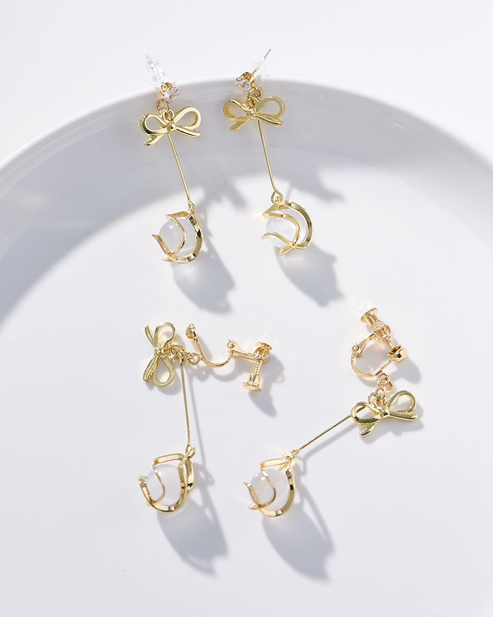 Gold bow tulip drop earrings - AR-141