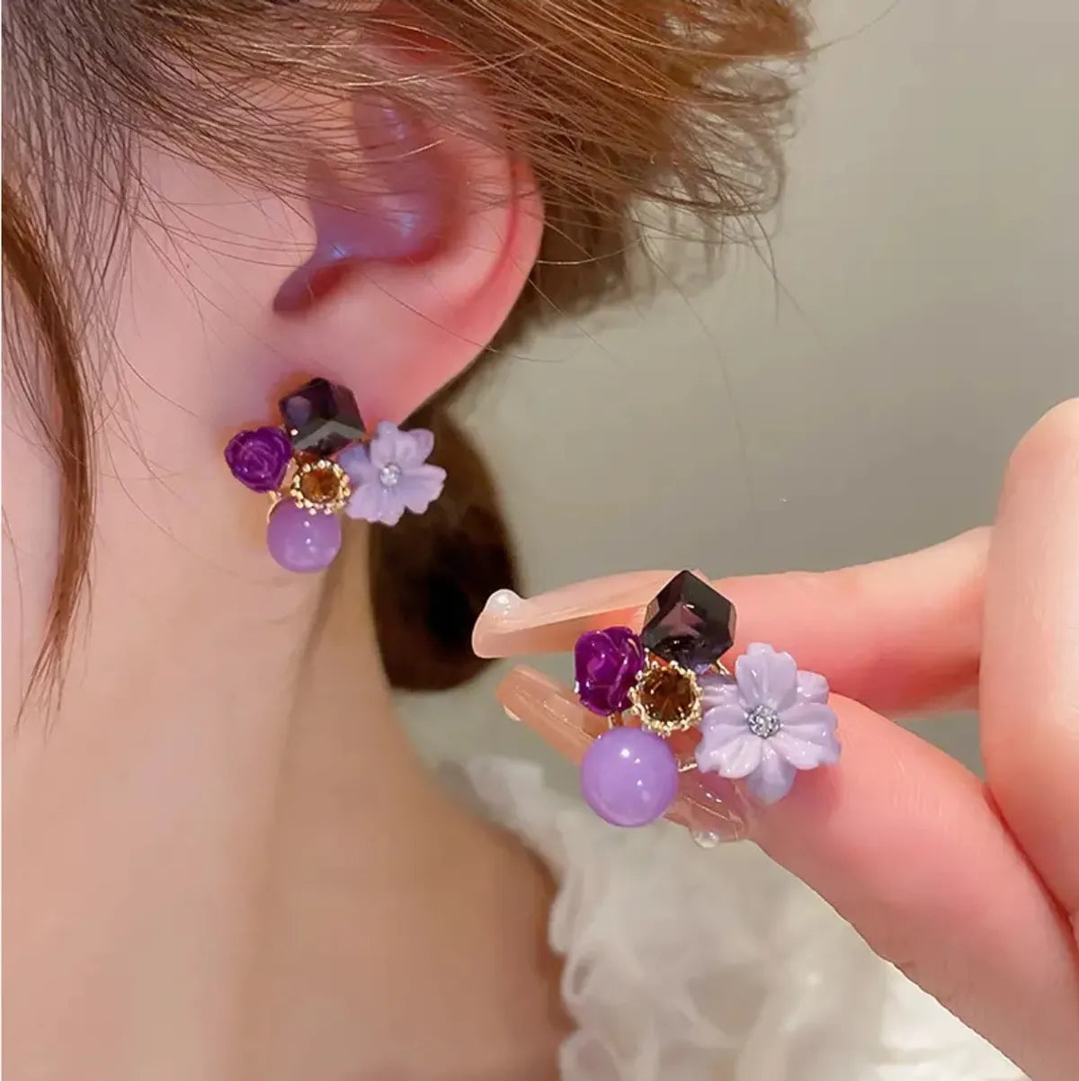 Purple Crystal Flower Stud Earrings For Woman - AR-07