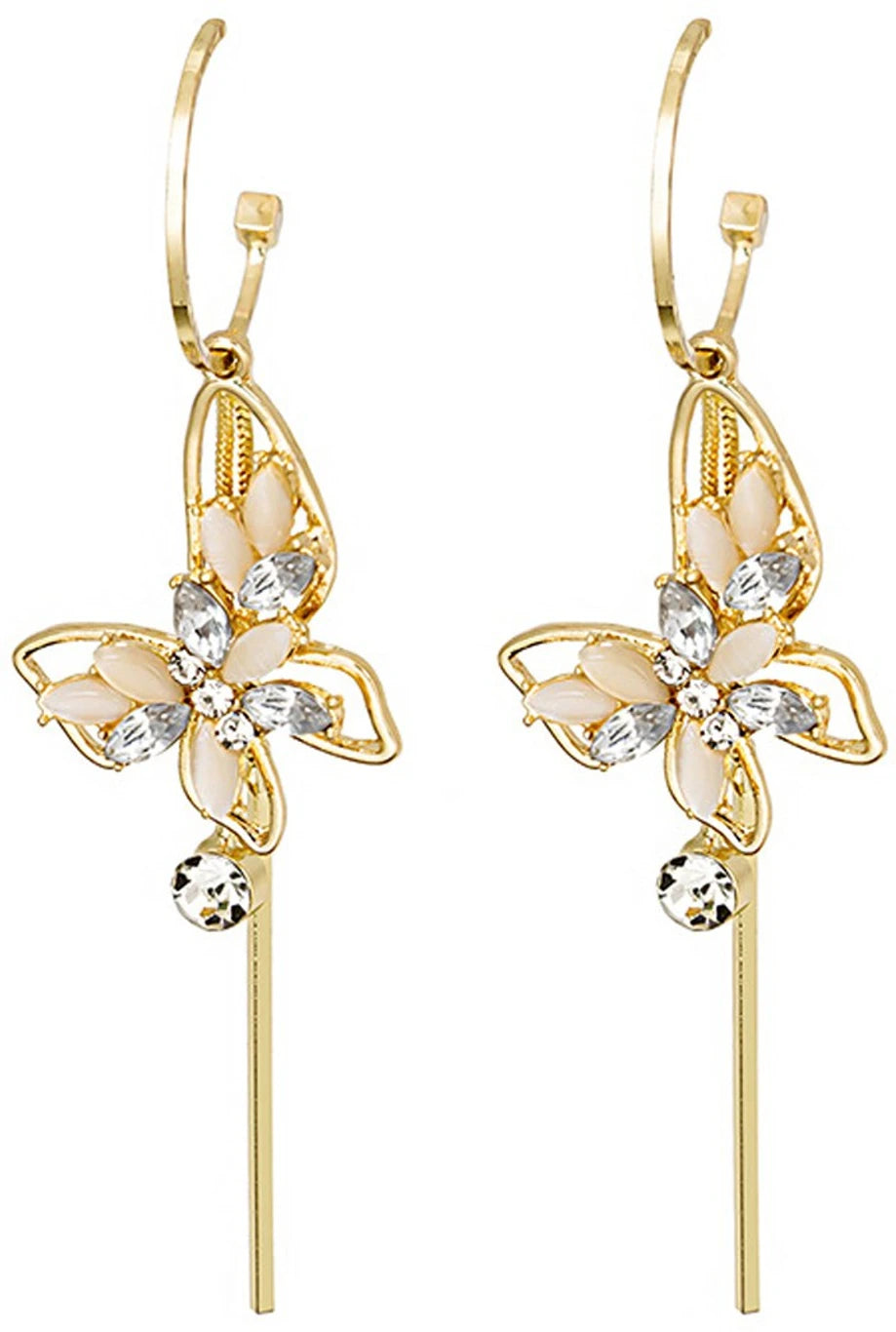 Gold floral crystal long drop earrings - AR-153